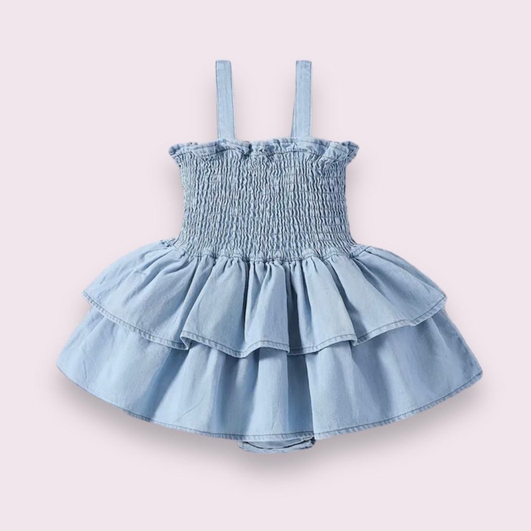 Delilah Denim Ruffle Romper Dress